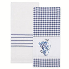 2 Bee & Willow Teacup Kitchen Towels Blue White Gingham Chinoiserie Floral Bird
