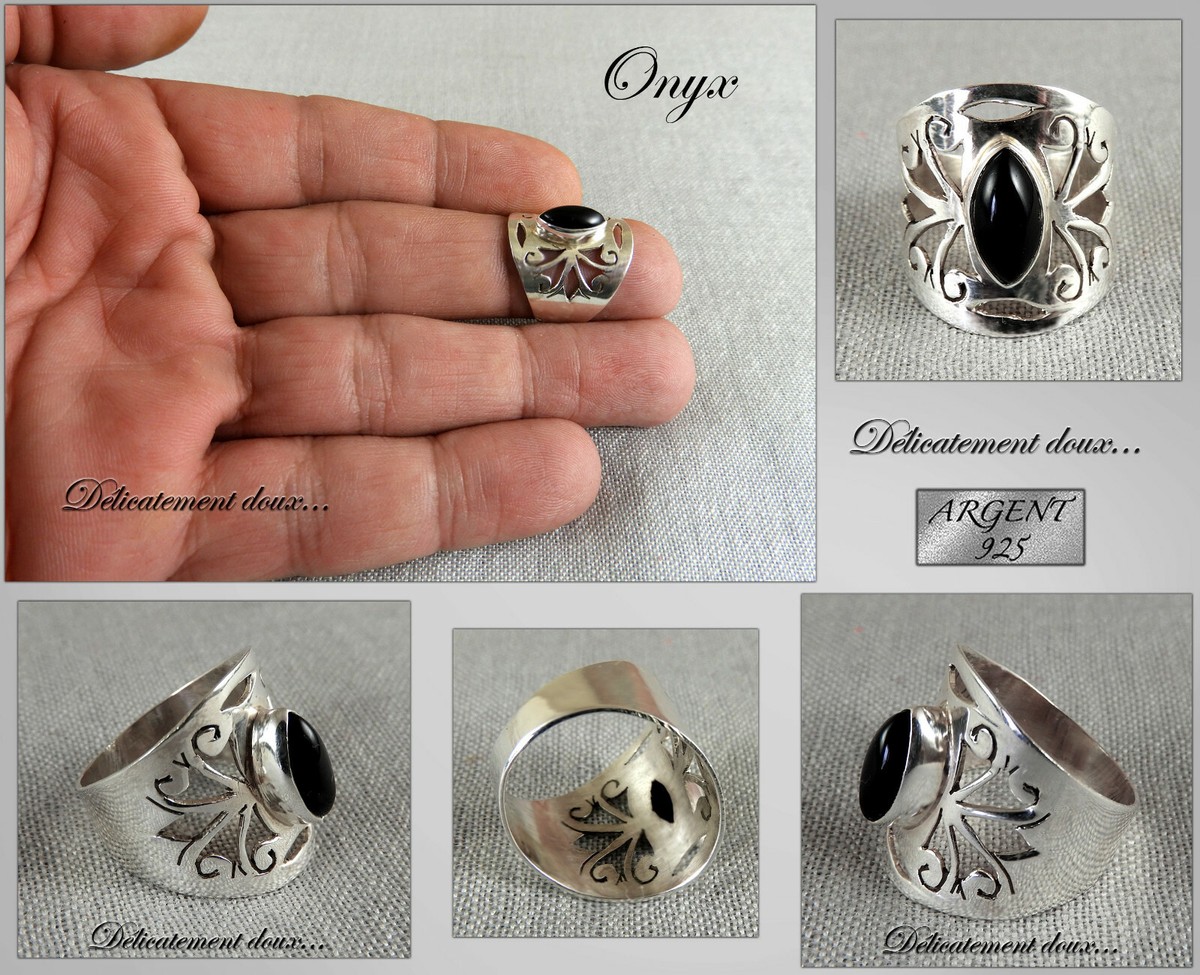 Bague En Argent 925 Et Onyx - Monture Ciselée - Taille 52 - Neuf Avec étiquettes