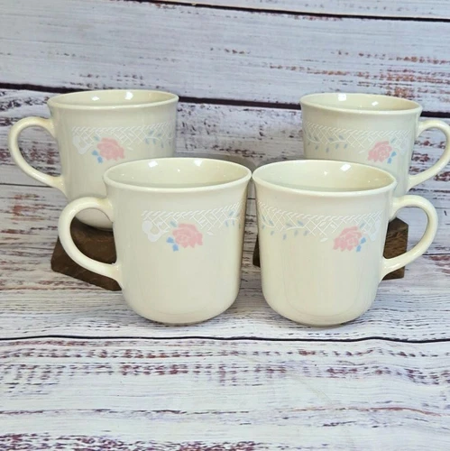 VTG Corning Ware Corelle coffee mug set tea cups hearts Lace 