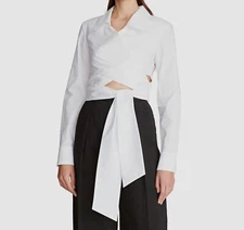 $395 Halston Women's White Crisscross Front-Tie Wrap Capri Blouse Top Size 8