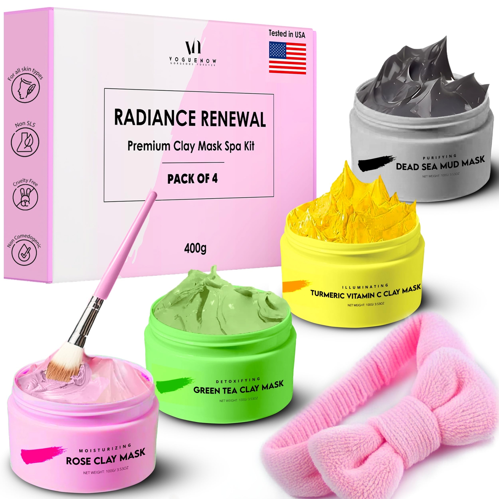 VogueNow 4-Piece Clay Mask Set with Headband and Brush-image