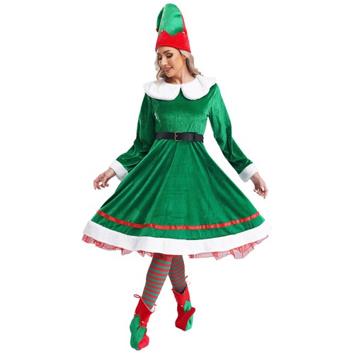 AU Womens Christmas Elf Costume Santa Helper Velvet Fancy Dress 5-piece Set - Picture 6 of 21