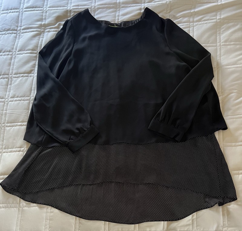 Woman’s Size XL Black Trisha Tyler Layered Tunic Blouse Pleated Polka Dots