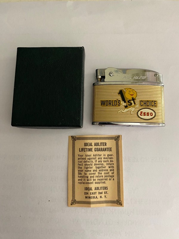 VINTAGE "ESSO" ADVERTISING IDEAL LIGHTER - WITH BOX + GUARENTEE VERY NICE