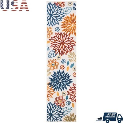 All-Weather Floral Area Rug Low Pile Indoor Outdoor Runner Easy Care Transition