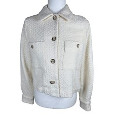 Zara Jacket Women XS Textured Tweed Cream Gold Button Front Cropped NEW