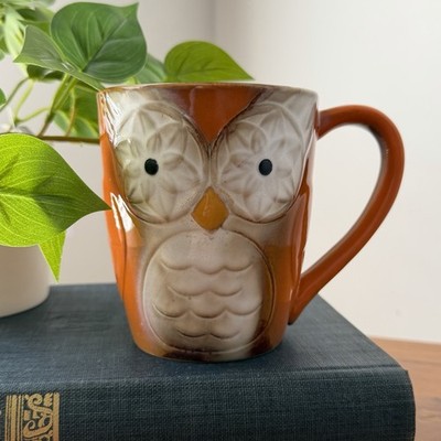 Elite Couture Gibson Owl Orange Brown Glazed Embossed Ceramic Coffee Mug Cup