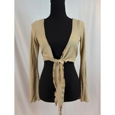 SHEIN Tan Ribbed Tie Front Crop Top Long Bell...