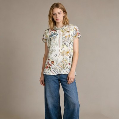 NWOT Johnny Was Merida Mesh Floral Flowers Sheer Embroidered Blouse Top Size S