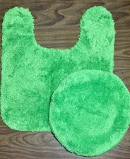 Vintage Shag Carpet Toilet Seat Cover & Bath Mat Set 2 Green CLEAN Retro Granny