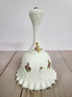 Vtg FENTON 6" Milk Glass Bell w/Clear Ruffled Edge Hand Painted Artist Signed