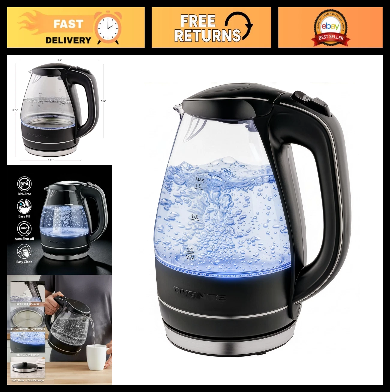 1.5L Borosilicate Glass Electric Kettle - BPA-Free, Auto Shut-Off, Boil-Dry Prot