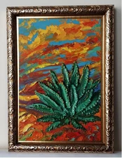 Agave Sunset Desert Art 4x6 inches Small Impasto oil painting original Framed