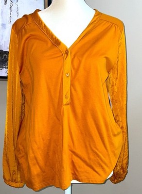 Old Navy Pullover Knit Top M Mustard Yellow Longsleeve Ruffled Boho Peasant 