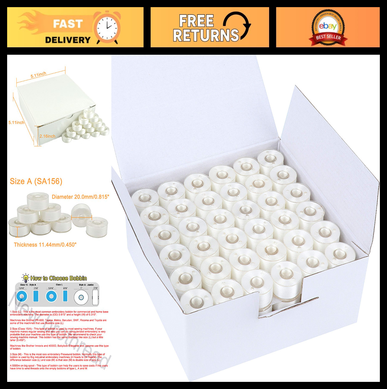 144pcs White Prewound Bobbin Thread 70D/2 (60WT) Size A for 