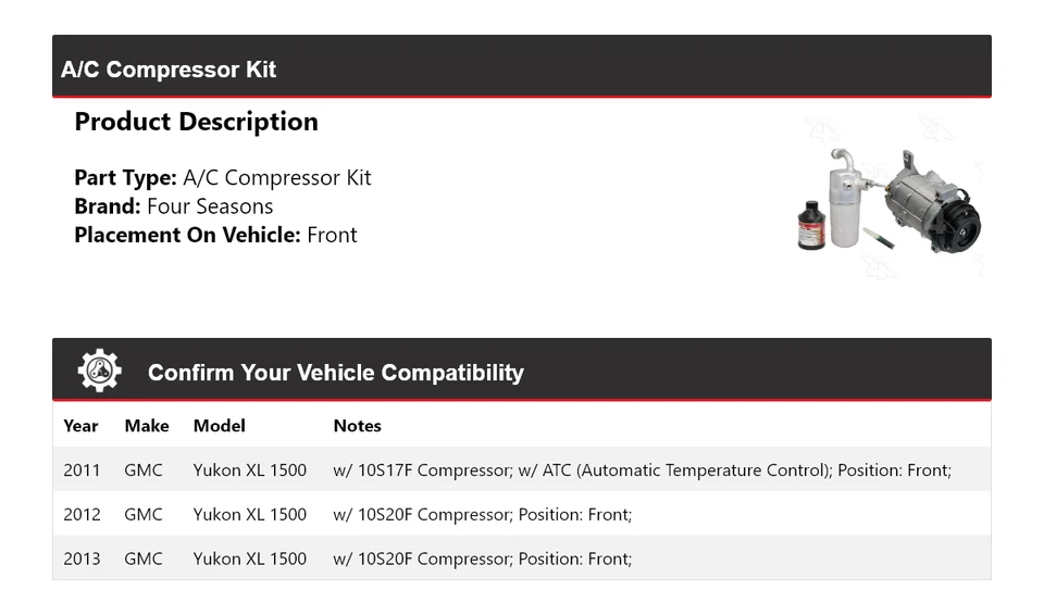 Комплект переднего компрессора кондиционера для 2011-2013 GMC Yukon XL 1500 4 сезона 2012 - Изображение 2 из 4