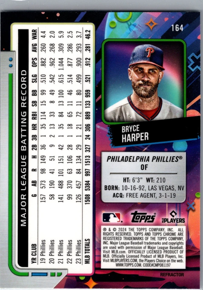 2024 Topps Chrome Cosmic Bryce Harper Philadelphia Phillies #164 - Image 2 of 2
