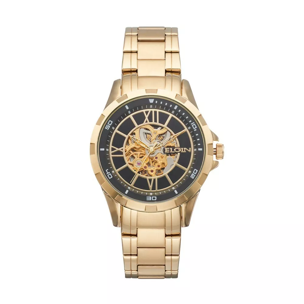 ELGIN MEN S STAINLESS STEEL AUTOMATIC GOLD SKELETON WATCH FG9040