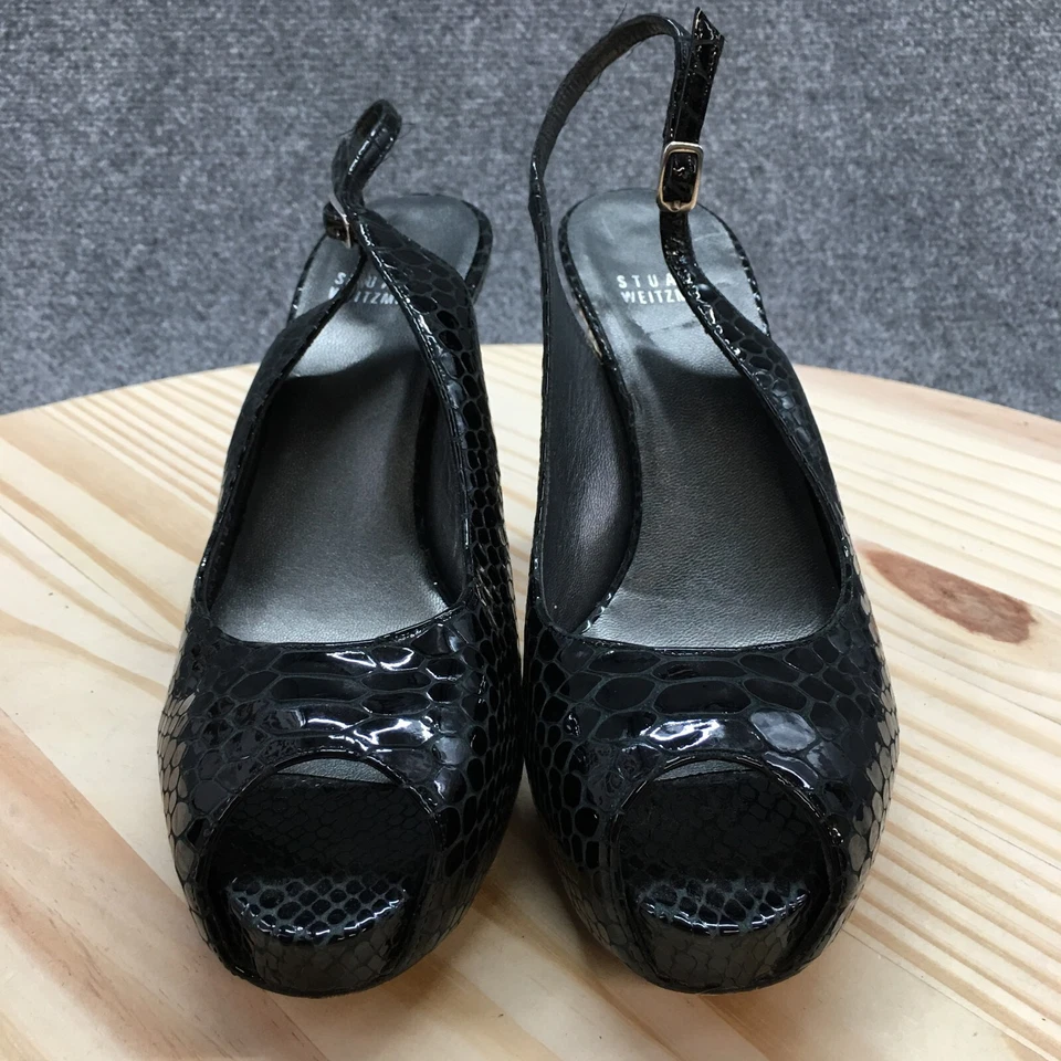 Tacones Stuart Weitzman para mujer 7 M con cordones negros de piel de serpiente punta abierta Stiletto Foto 4 de 4