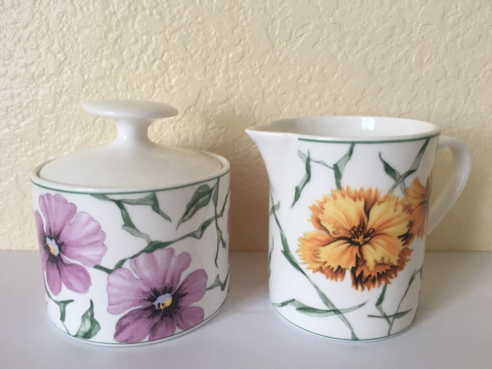 Retroneu Rhapsody 3pc Sugar and Creamer Set Porcelain Floral Yellow Purple NEW