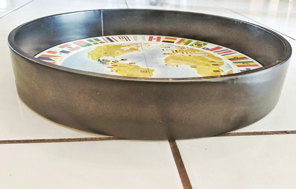 Kraftware 12.5" Vintage Round Serving Tray Black Faux Leather World Map Flags - Image 3 of 4