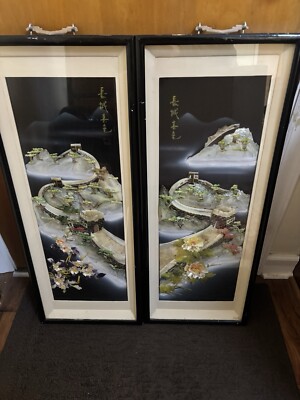 Pair Shibayama Shell Asian Art - Great Wall Of China Framed Mother Of Pearl Art