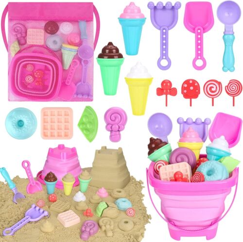 Collapsible Beach Toys Set for Kids Toddlers Girls, Collapsible Sand Bucket
