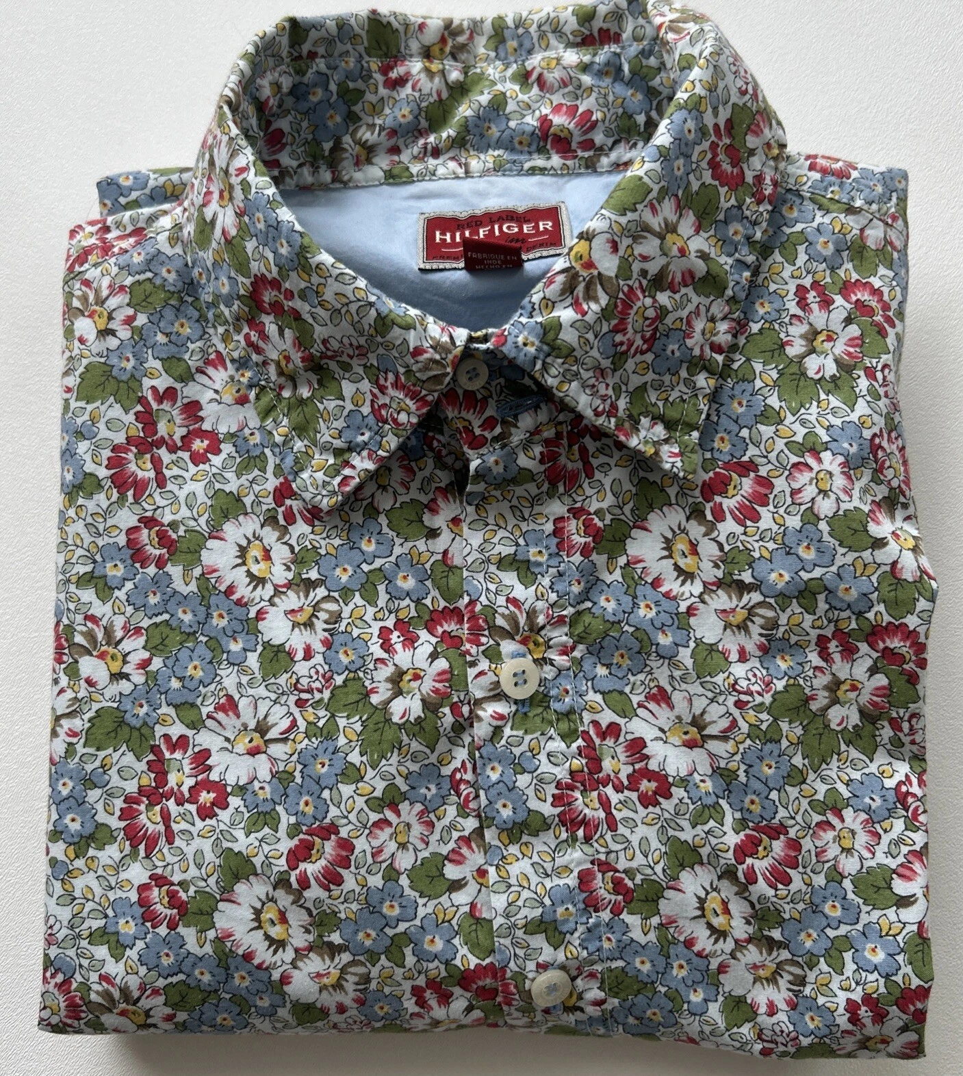 Vtg Tommy Hilfiger Mens L Floral Button Front Shirt Cotton Long Sleeve Red Label