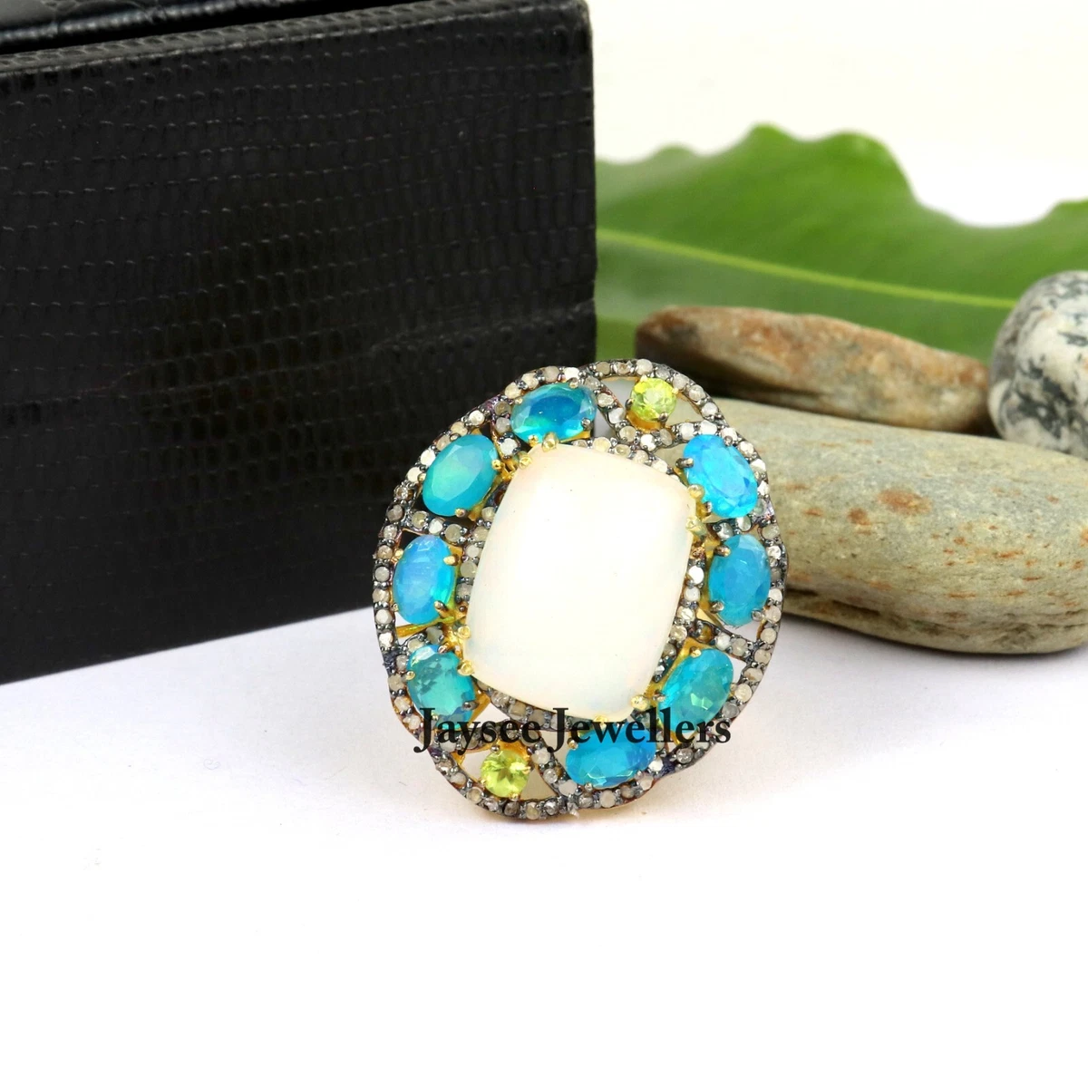 925 Sterling Silver Opal Gemstone Ring Blue Opal Green Amethyst