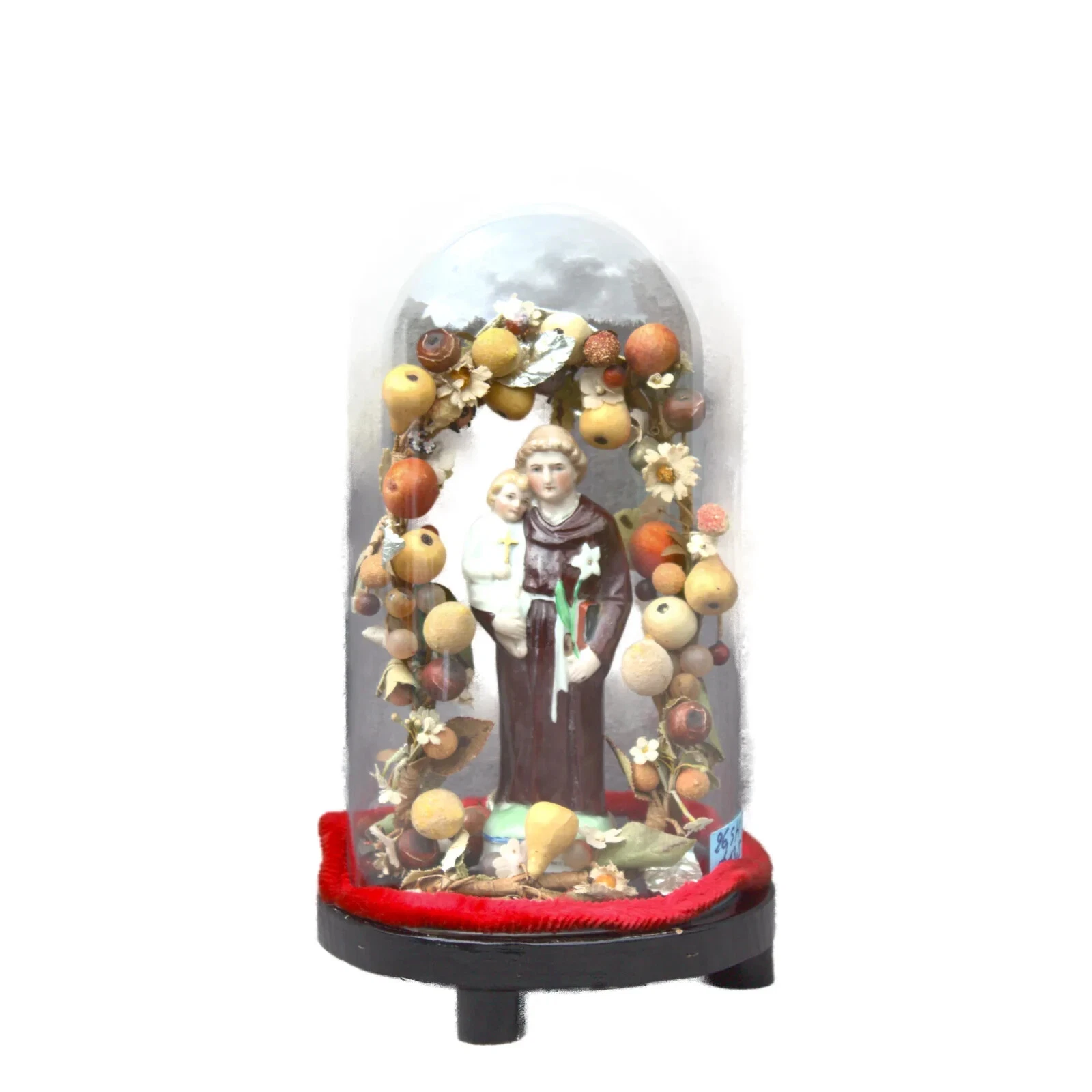 Antique round bell jar glass dome cloche Saint Anthony bisque porcelain 10.43"