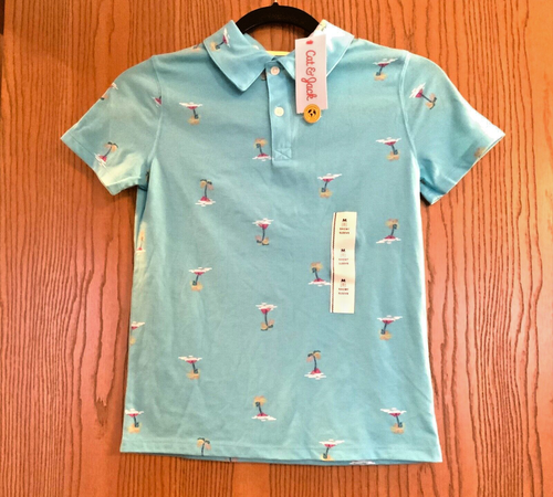 CAT & JACK BRIGHT BLUE PALM TREES BOYS SHORT SLEEVE POLO SHIRT SIZE M / 8 NWT - Picture 2 of 3