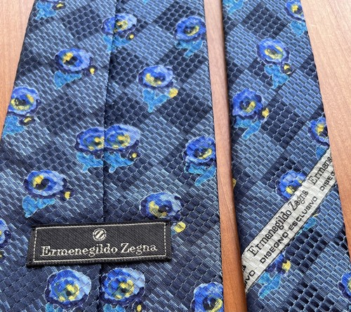 Ermenegildo Zegna 100% Silk Necktie Blue Yellow Floral Designer Made in Italy - Picture 2 of 8