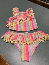 Nicole Miller 2 PC Pink Green Pom Pom Bikini Swimsuit Girl Sz 4T