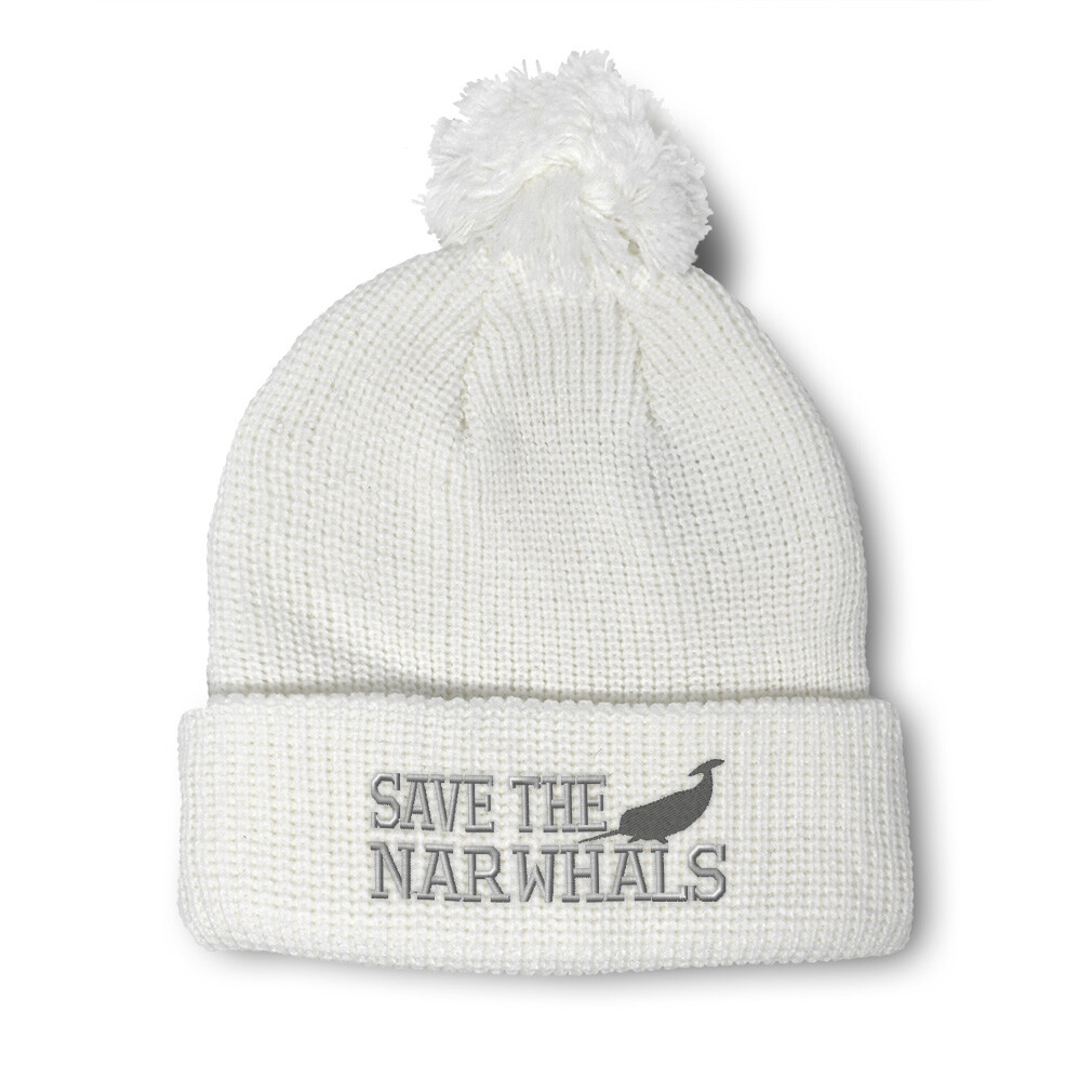 Pom Pom Beanie with Narwhal Embroidery Acrylic Skull Cap for Women