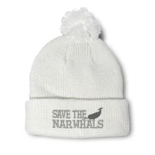 Pom Pom Beanies for Women Save The Narwhals A Embroidery Acrylic Skull Cap