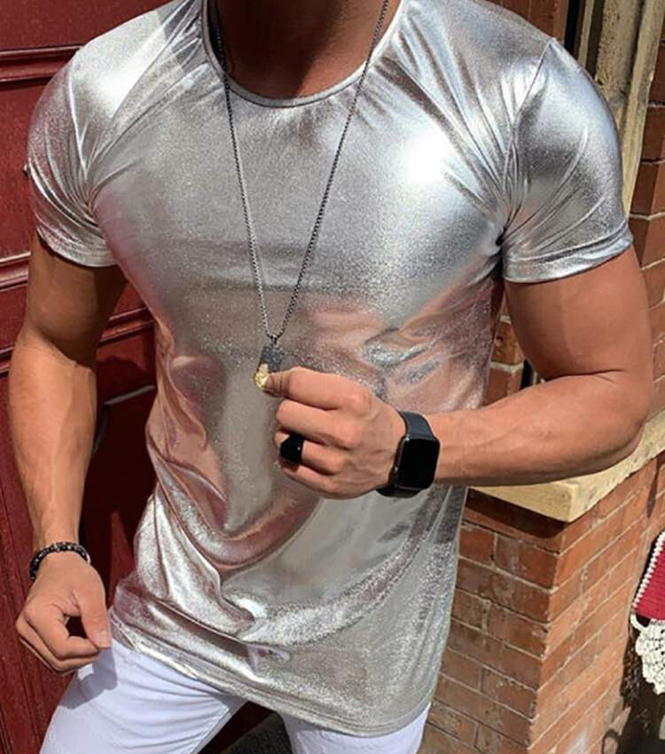 アイドルグッズ silver  Man Silver Metallic Short Sleeve T-shirt Mens DJ Festival Club
