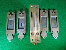 CIRCA 1890 FULL SET:  R & E  FLAT FACE POCKET DOOR MORTISE LOCKS w/KEY (17539)