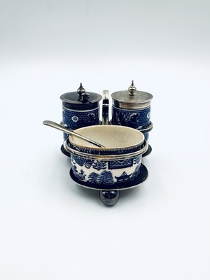 Extremely RARE ROYAL WORCESTER Cruet Set Blue Willow with Gold Trim England 1894