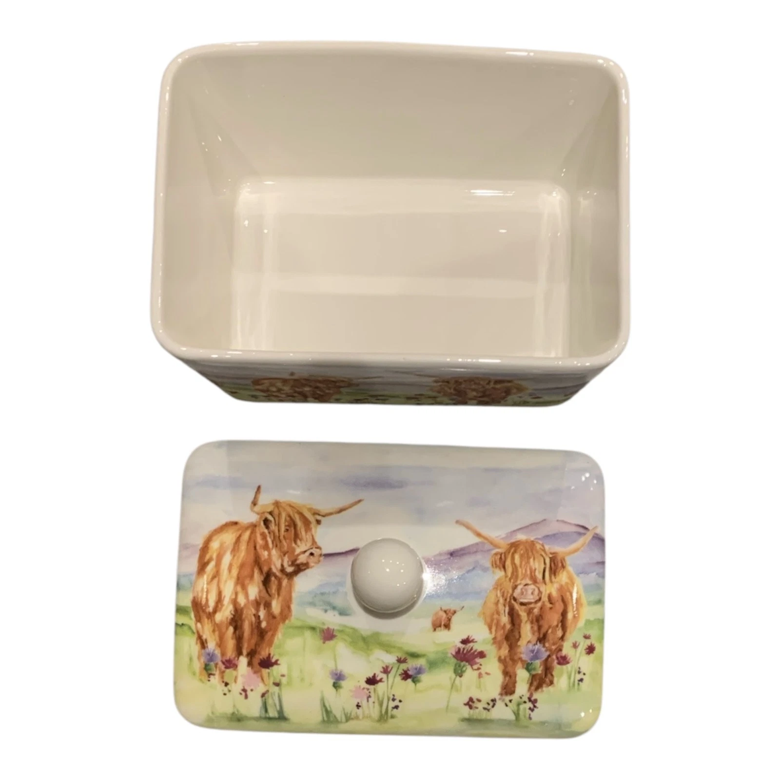 Highland Cows Butter Dish Lidded Fine China Gift Boxed Cattle Calf Farm Animals