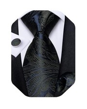 Mens Tie Set Silk Solid Paisley Necktie and Pocket Navy Blue Black Paisley