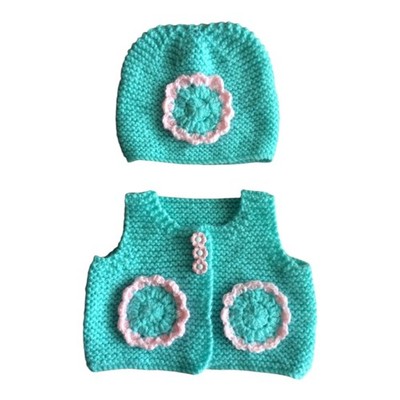 Retro Strick Baby Outfit Weste & Mütze Mädchen Gr. 0-3m gehäkelt Handarbeit Geschenk grün