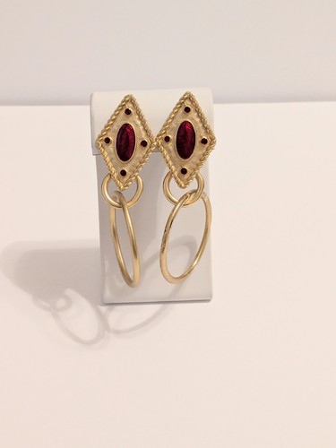 Brushed Gold Tone Clip On Hoop Dangle Earrings With Faux Ruby Stones 3.25" - Picture 2 of 17