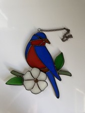Vintage Blue Bird On Branch W/ Flower Stained Glass Suncatcher 8"x 8 1/2