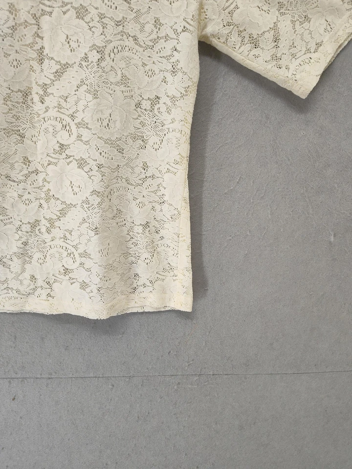 Kenar 衬衫女式中号奶油色蕾丝花卉透明短袖上衣美国制造 — 第 4/4 张图片