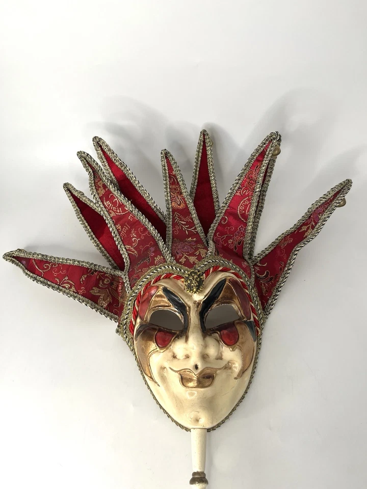 Vtg Jester Joker Venetian Italy Mask Masquerade Mardi Gras Carnival Red W/ Stick - Image 2 of 4