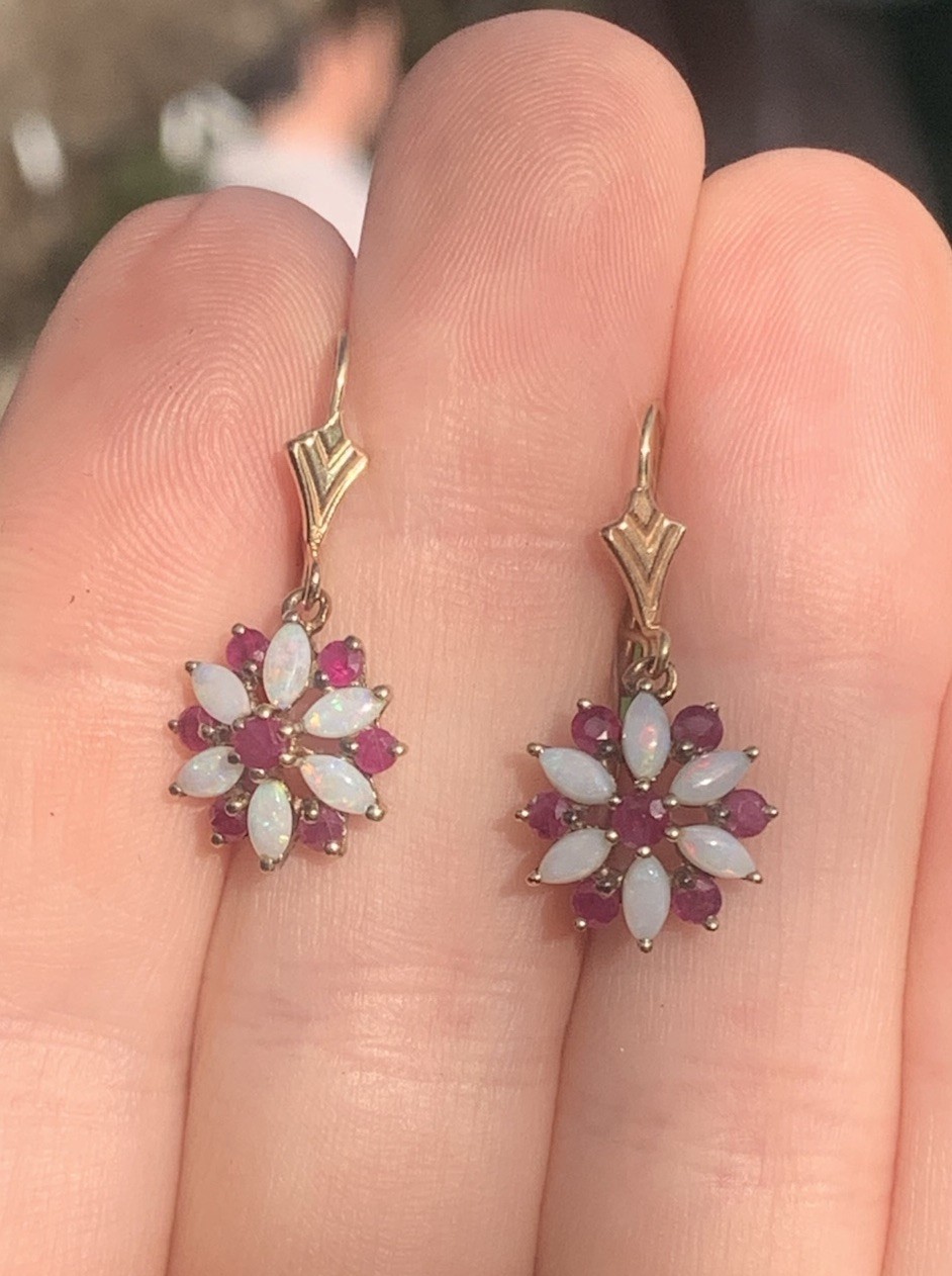 9Ct Gold Opal And Ruby Cluster Drop Earrings ￼ - image 1