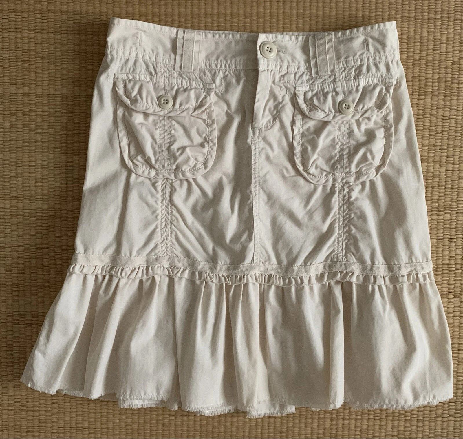 Anthropologie Beige 100% Cotton Mini Skirt Button Zipper 4 Pockets Size 0