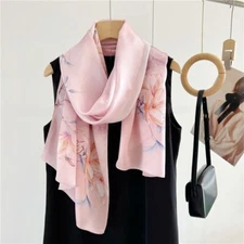 Florals Print Pure Mulberry Satin Silk Shawl Wrap Oblong Scarf 170*53cm Pink
