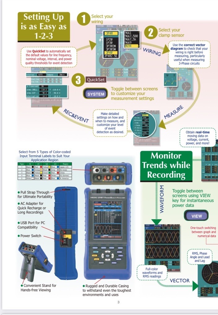 HIOKI 3197 Power Quality Analyzer Logger w/Battery,Power S, V Terminals
