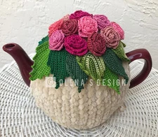 Handmade Crochet tea cozy beige tea cover spring flower pink roses tea warmer